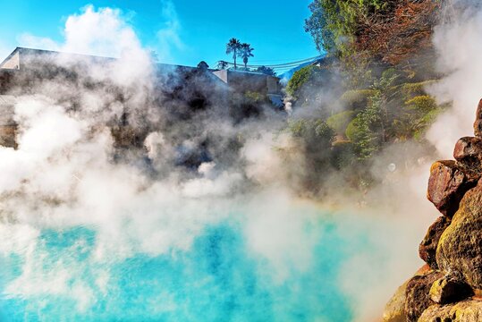 Umi Jigoku ('Sea Hell'), with its vibrant blue pond in Beppu, Oita, Kyushu, Japan