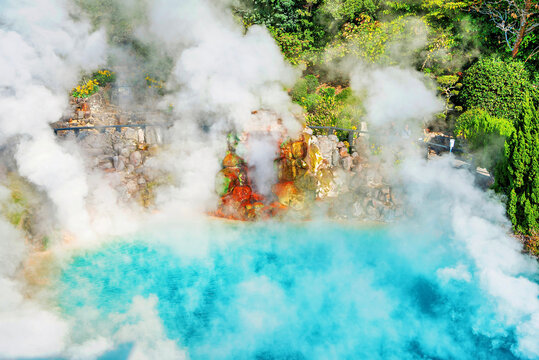 Umi Jigoku ('Sea Hell'), with its vibrant blue pond in Beppu, Oita, Kyushu, Japan