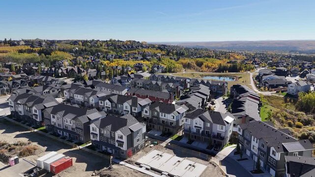 Aerial view of suburban houses in autumn wth  colourful trees. 