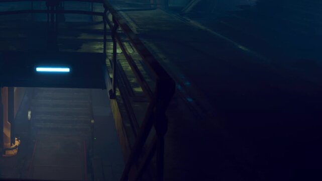 In a dimly lit industrial space, eerie shadows dance along the concrete walls. Nighttime reveals a staircase leading deeper into the unknown, hinting at secrets below.