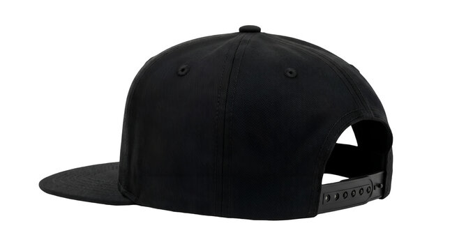Black baseball cap with a flat brim and adjustable snapback closure