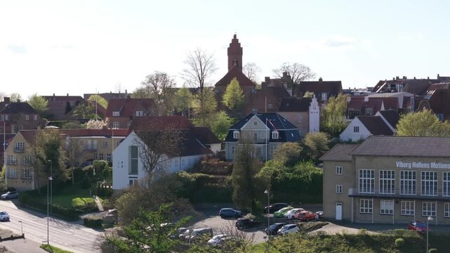 Summer panorama of Viborg, Midtjylland, Denmark. Aerial skyline view of the old town. Viborg ancient cathedral in the middle of Denmark, Traditional danish architecture. Street in Viborg, 