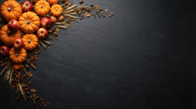 Autumn arrangement of pumpkins, red apples, and wheat on dark slate background with copy space