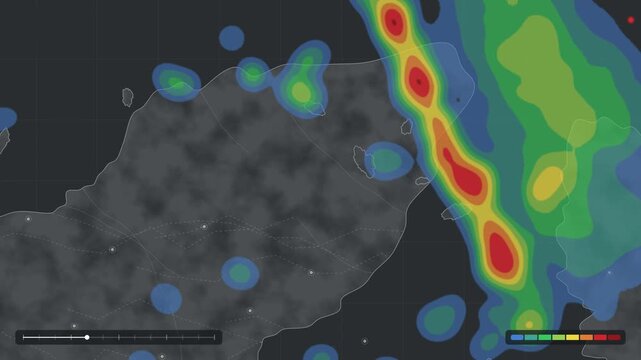 Rain Radar Map Visualization, Weather Data Graphic, Animated Rainfall Intensity Map, Geographical Weather Monitoring, Digital Mapping, Climate Analysis, Meteorological Data Display