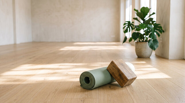 Rolled yoga mat and wooden block in bright empty studio with sunlight
