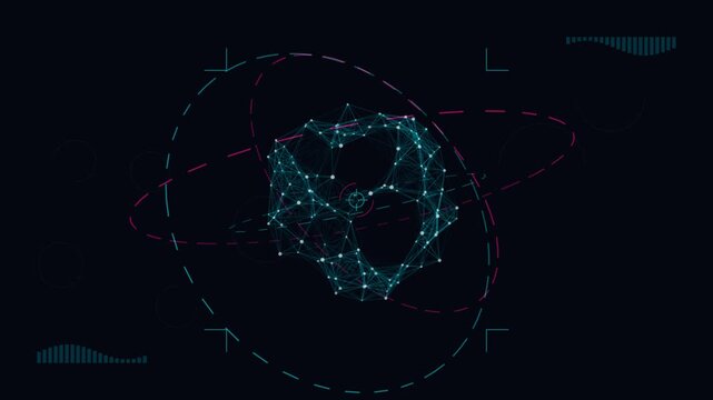 A rotating 3D holographic data core with plexus networks, orbital gyroscope rings, and cybernetic HUD elements forming a high-tech UI.
