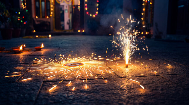 Diwali ground fireworks spin and spray golden sparks across a stone courtyard, framed by glowing oil lamps and colorful string lights at night, creating a festive, dramatic celebration scene.