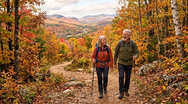 Happy senior couple hiking on a scenic trail surrounded by vibrant autumn foliage and rolling hills