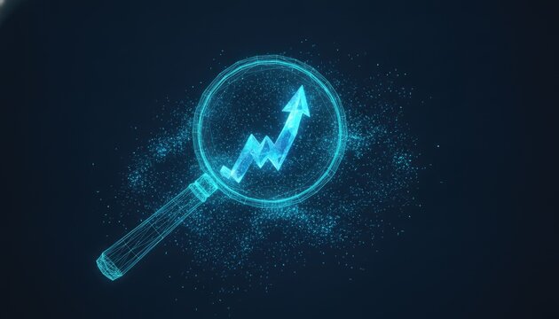 Digital magnifying glass scanning a glowing blue chart indicating business growth and development on a dark background.
