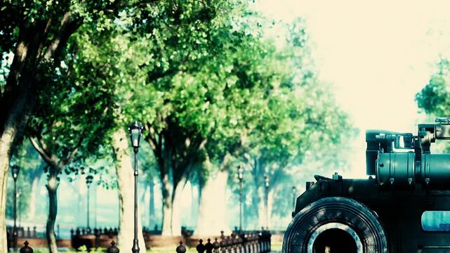 A military vehicle stands prominently beneath tall trees, surrounded by vibrant foliage. Sunlight filters through, creating a serene atmosphere in the park.