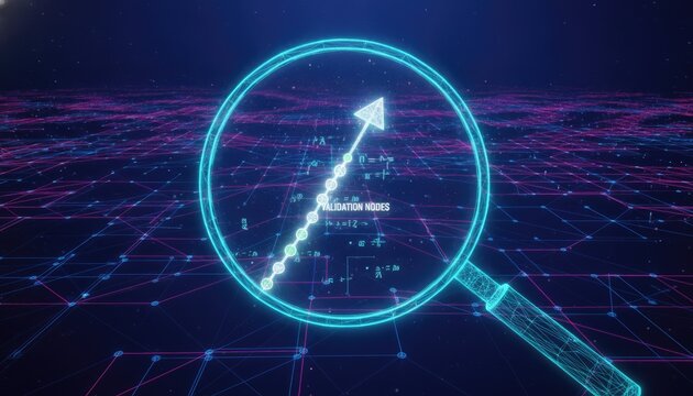 Digital magnifying glass scans a validation node connection path and rising arrow on a complex network grid to show data security analysis.