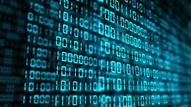Binary zeros and ones flowing in a dark technical space. Programming and future data systems