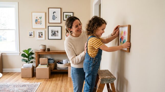 Mother and child hang colorful artwork on wall in new home during move in day