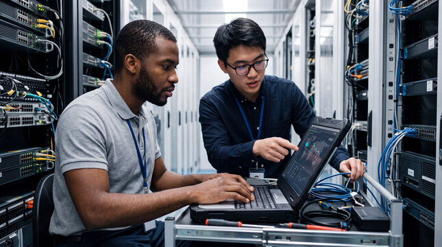Young black, African-American male and Asian male IT Analyst and Engineer Work at data center, work, Using a Laptop for Server Activation, Map Network Links, Monitor Facility Status