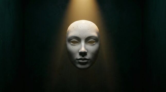 Mysterious white mask floating in darkness illuminated by a single spotlight, conveying mystery and anonymity.