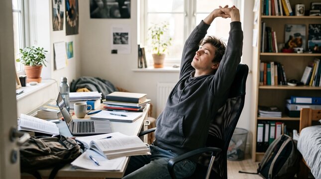 Young man stretching arms up while sitting at a messy desk in a student dorm room