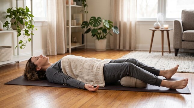 Woman practicing restorative yoga pose Supta Baddha Konasana on mat in cozy living room