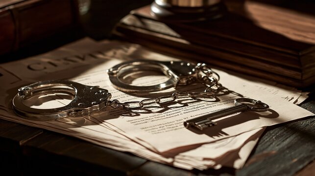 Courtroom Papers, Handcuffs, and a Prison Key on a Wooden Desk Represent Criminal Justice System Concepts