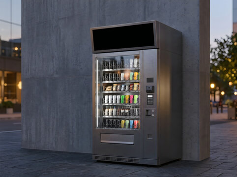 Modern vending machine with cold drinks standing on a dark city street at night mockup
