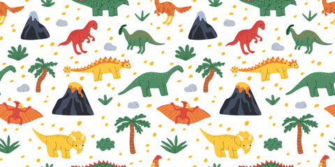 Cute kids dinosaurs seamless pattern. Jurassic dino monster background with volcano, extinct animals reptiles, palm trees and jurassic plants for nursery. Flat vector illustration, hand drawn. © passionastia