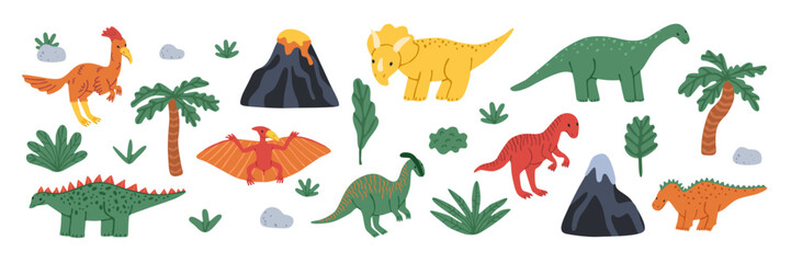 Cute dinosaurs set. Dino animal collection with volcano, extinct reptiles, palm trees and tropical jurassic plants for kids design, nursery and print. Flat vector illustration, hand drawn. © passionastia