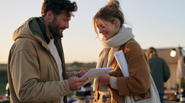 rural couple at dusk on a quiet country lane closing up a pop up Valentines Day stall, one partner tucking a rolled up blueprint under an arm, a dubbing audio recorder packed away