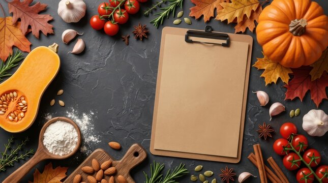 Autumn harvest composition with pumpkin, squash, vegetables, spices, and a blank clipboard on a dark stone background with copy space for text