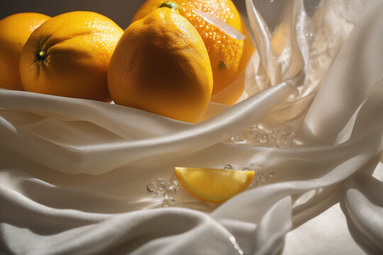 Oranges on white cloth close-up