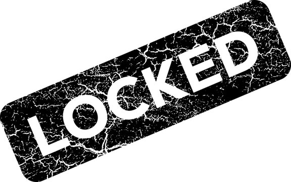 Black grunge locked rubber stamp watermark with distressed cracked texture isolated on white background for security status label, restricted access sign, and graphic design overlay.