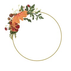 Herbal floral wreath with autumn leaves berries flowers. Template for invitation, greetings, card, wedding, announcement. Soft orange red green colours © Kseniia Chebotarova