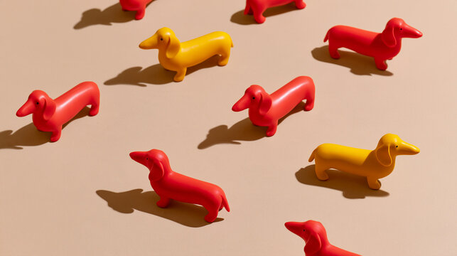 Pattern or wallpaper made of six red dachshunds and one yellow dachshund on a light brown background, creative concept for animal lovers and children, with copy space
