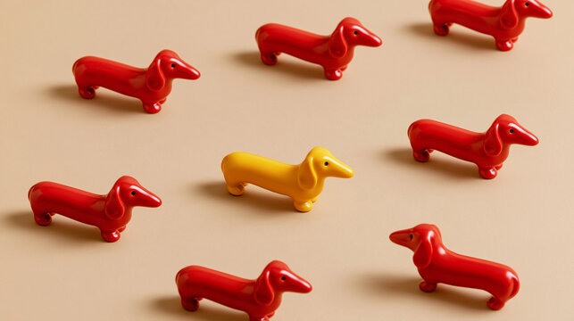 Pattern or wallpaper made of six red dachshunds and one yellow dachshund on a light brown background, creative concept for animal lovers and children, with copy space