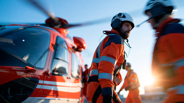 Faceless paramedics in orange uniforms boarding a helicopter, motion blur emphasizing action, air rescue concept, with copy space