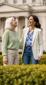 Two women in casual attire laughing outdoors, with a classical building in the background, representing intergenerational connection and positive relationships.