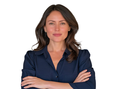 portrait of a young brunette Caucasian business woman with arms crossed, isolated on white or transparent background