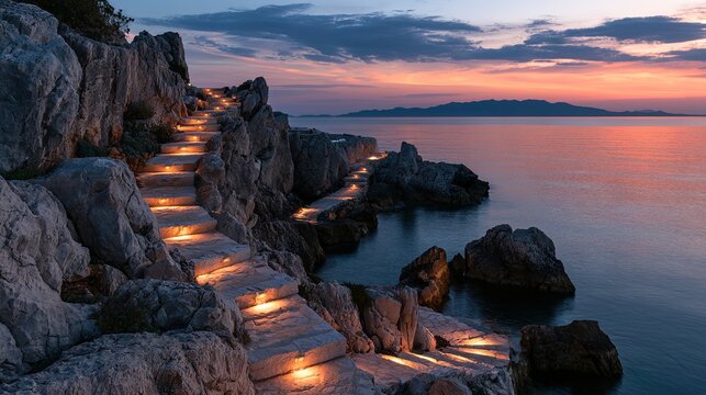 Illuminated stone staircase winding down rocky coastal cliff to sea at sunset with warm LED lighting.