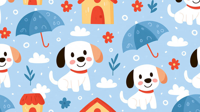 Seamless pattern of cute dogs with umbrellas and dog houses, for kids apparel, pet lover print on demand, nursery fabric design illustration, with copy space