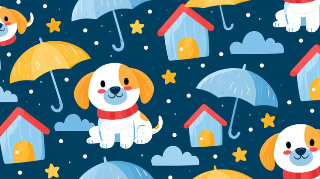 Seamless pattern of cute dogs with umbrellas and dog houses, for kids apparel, pet lover print on demand, nursery fabric design illustration, with copy space