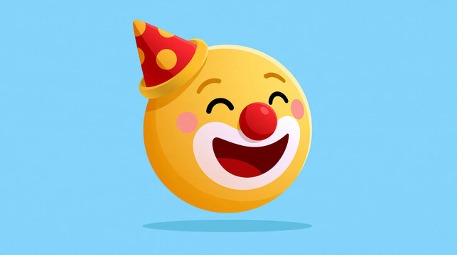 Clown emoji face, cheerful flat icon, with copy space