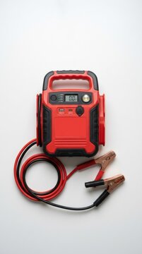 Portable jump starter with digital display and battery clamps on white background