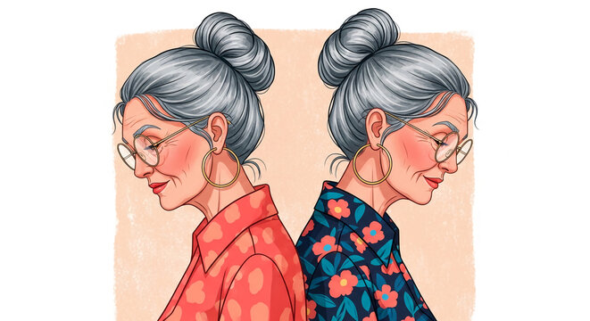 Stylized portrait of two elderly women with grey hair buns and glasses, wearing patterned shirts, symbolizing wisdom and experience with a gentle aesthetic.