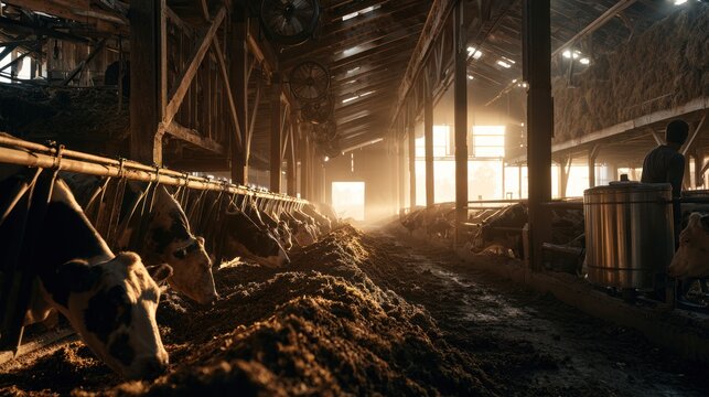 Cows feeding in barn with sunlight streaming through wooden structure