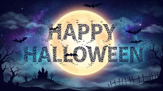 Happy Halloween Text Banner Loop With Full Moon Castle And Flying Bats In Spooky Night Sky.