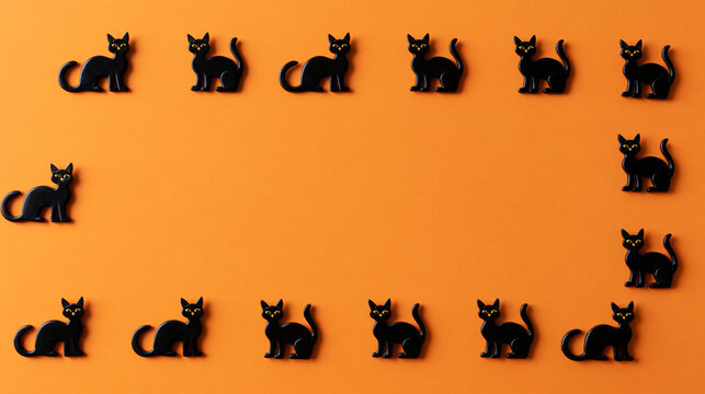 Festive Halloween background with a rectangular border of small black cat icons on a solid orange backdrop, with copy space