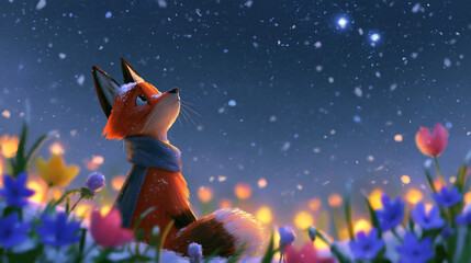 Fototapeta premium Faceless fox lover in a snowing winter starry night with flower scenery, romantic Valentine background, with copy space