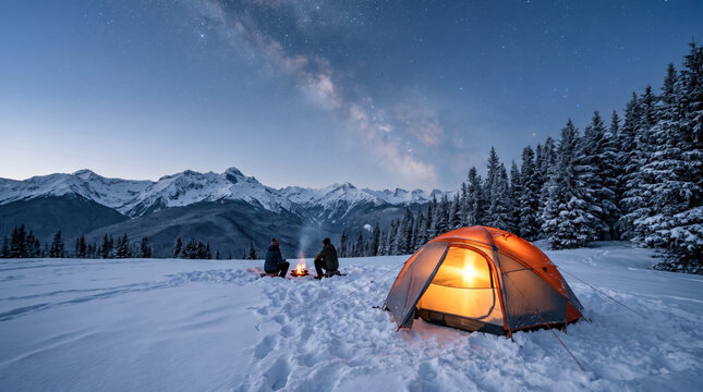 People enjoy a small fire outside their glowing tent at night in the snowy landscape of the San Juan Mountains with mountain peaks and trees in the background under a clear starry sky