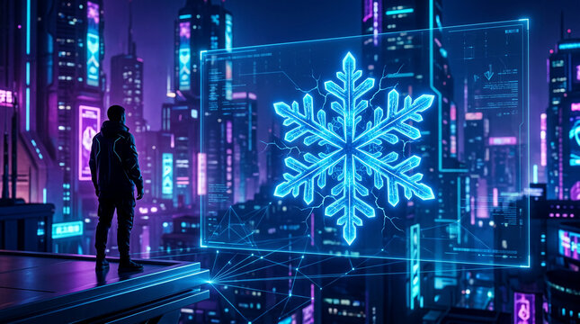 Futuristic cityscape at night with a glowing snowflake hologram on a screen, representing technology and winter, showcase of digital art.