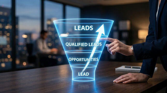 Digital funnel showing sales process from lead to qualified leads, with an arrow indicating growth, symbolizing business success.