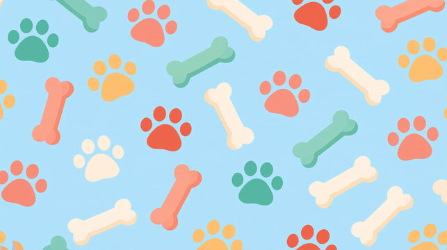Seamless doodle pattern with cute dog paws and bones in colorful pastel tones, vector illustration background for pet lovers and veterinary design, with copy space
