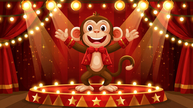Cheerful monkey performing on a vibrant circus stage with lights, with copy space